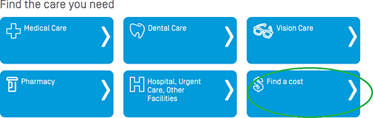 graphic highlighting the 'find a doctor' button - includes buttons for Medical Care, Dental Care, Vision Care, Pharmacy, Hospital, Urgent Care, Other Facilities, and Find a cost